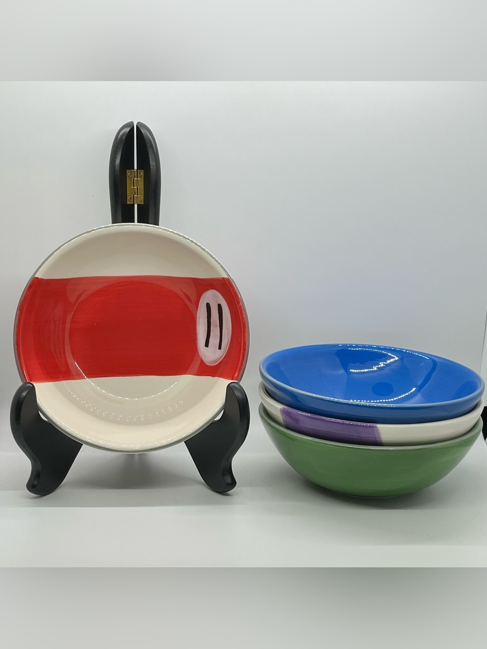 Clay Art Rack ‘Em Up 4 Piece Dip Set Billiard Balls Set of 4 Ceramic Bowls READ